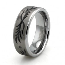 Tungsten Carbide Brush Finish Center Floral Wings Black Hand Carved Ring